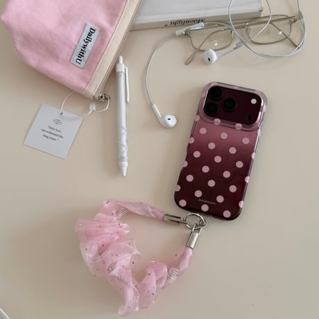ドット柄 グラデーション iPhone18Pro/18ProMaxケース バーガンディに合う iPhone17Pro/16/15ProMaxカバー オーガンジーストラップ[M6774]