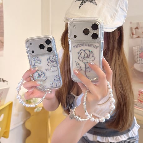 薔薇柄 iPhone18Pro/17ケース キラキララメ入り クリア iPhone16Pro/15/14ケース 真珠ストラップ 美しい[M6635]