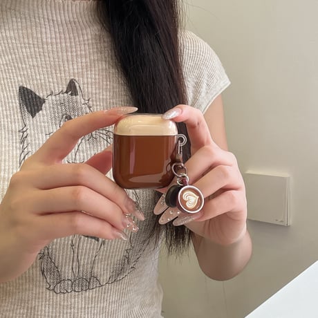 ブラウンクリア Airpods Pro3ケース カフェカップチャーム Airpods4/3カバー pro2/pro1 艶感 カラビナ[M6736]
