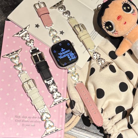 レザーとメタル AppleWatchバンド 水玉模様ハート アップルウォッチバンド Series11/10/9 8 7 6 5 4  3 2 SE3 SE2 Ultra3 かわいい[M6548]