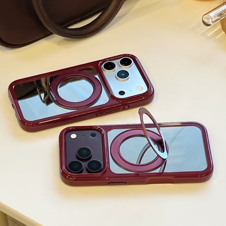 ミラー付き iPhone18Pro/18ProMaxケース リングスタンド一体型 iPhone17/16Pro/15カバー  丈夫 多機能 メイク直しも動画視聴もこれ1つ [M6873]