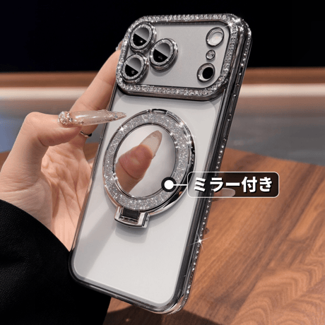 iPhone18Pro/17ケース 鏡付Magsafeリングスタンド iPhone16/15Proケース  ストーン  綺麗 多機能 コスパ最強[M3769]