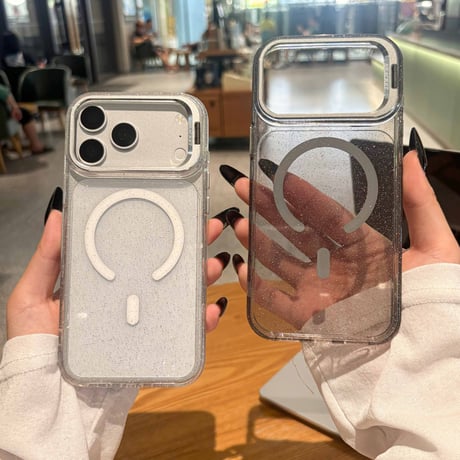 キラキラクリア MagSafe対応 iPhone18Pro/18ProMaxケース カメラスタンド付き iPhone17Pro/16ケース ラメ入り メタルフレーム[M6733]