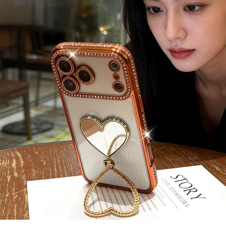 ハートミラースタンド付 iPhone17/17Proケース ジュエリーライン iPhone16/15Proケース 綺麗 オシャレ 人気品[M6593]