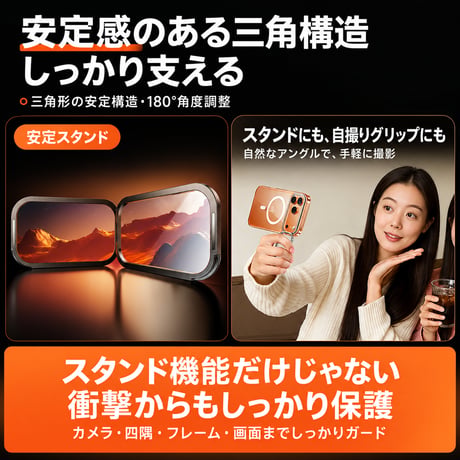 カメラカバー一体型スタンド iPhone18pro/18proMaxケース 全面保護 Magsafe対応 iPhone17Pro/16/15シリーズ 高透明高品質[M6739]