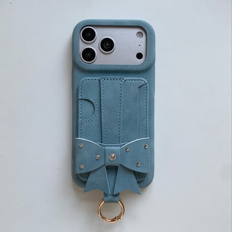 ビジューリボン iPhone18Pro/17Proケース スタンド機能 カード収納リング付き iPhone16Pro/15ケース レザー調 多機能 [M6868]