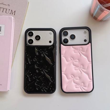 リボン レザーiPhone18Pro/17Proケース ピンク/ブラック iPhone17/16Pro/15/14ケース 光沢感 可愛い 美しい[M6646]