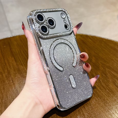MagSafe対応 ラインストーン iPhone18Pro/18ProMaxケース グラデーションラメ iPhone17Pro/16ケース カメラ保護レンズ一体型 [M6816]