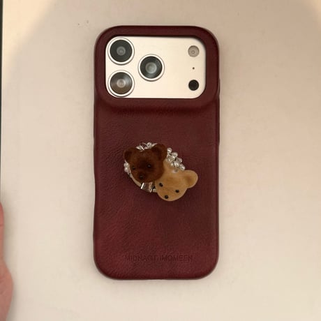 熊ちゃんパールリング付き iPhone18Pro/18ProMaxケース レザー調 iPhone17Pro/16/15カバー ヴィンテージライク 大人可愛い[M6837]