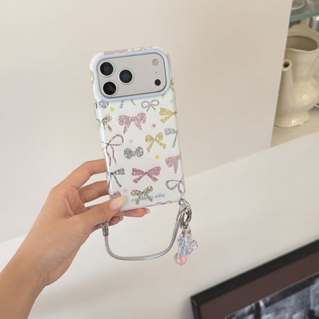 多彩リボン柄 iPhone17pro/17ケース オシャレ iPhone16promax/15ケース ストラップ付 可愛い [M6628]