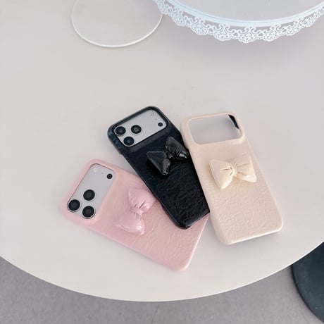 ぷっくりリボン iPhone18Pro/18ProMaxケース レザー調 iPhone17/16proケース くすみカラー シワ加工 高級感[M6861]