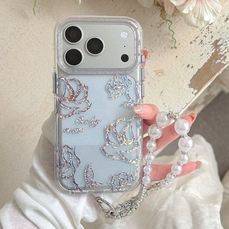 薔薇柄 iPhone18Pro/17ケース キラキララメ入り クリア iPhone16Pro/15/14ケース 真珠ストラップ 美しい[M6635]
