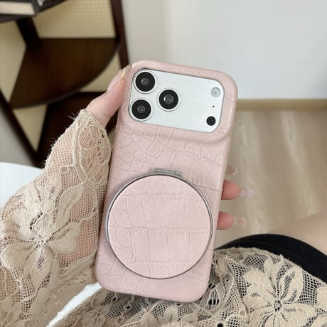 ミラー＆スタンド付き iPhone18Pro/17Proケース クロコ柄レザー iPhone16Pro/15ケース くすみカラー 高級感たっぷり 1台2役 [M6867]