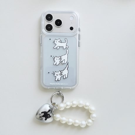 ネコちゃん iPhone17pro/17ケース ビーズストラップ iPhone16promax/15ケース マット素材 可愛い [M6658]