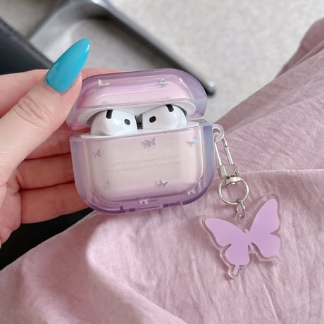 パープル Airpods Pro3ケース 蝶柄 Airpods 4/3カバーケース AirpodsPro2/1  キーホルダー付 オシャレ 高級感 [M6562]