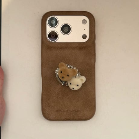 熊ちゃんパールリング付き iPhone18Pro/18ProMaxケース レザー調 iPhone17Pro/16/15カバー ヴィンテージライク 大人可愛い[M6837]