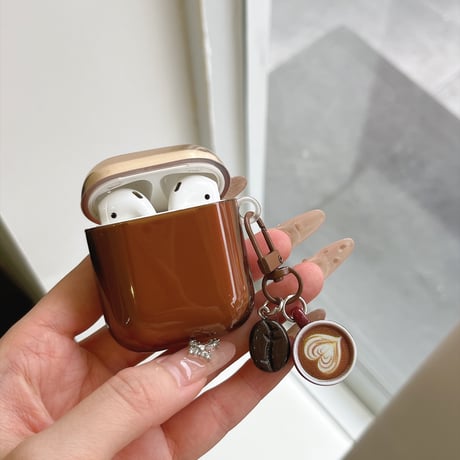 ブラウンクリア Airpods Pro3ケース カフェカップチャーム Airpods4/3カバー pro2/pro1 艶感 カラビナ[M6736]