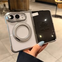 iPhone Duo専用ケース 360°回転リングスタンド付き 強化ガラスフィルム一体型 MagSafe対応 メッキ 高透明 耐衝撃 黄ばみにくい [M6815]