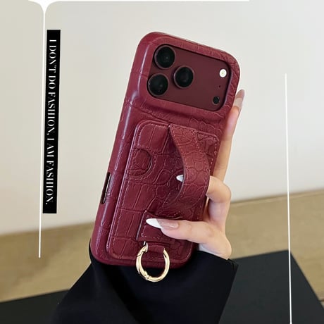 カード収納＆ハンドベルト iPhone18Pro/18ProMax クロコ型押し レザー調 iPhone17/16/15カバー レザー調 スタンド機能 リング金具付き[M6866]