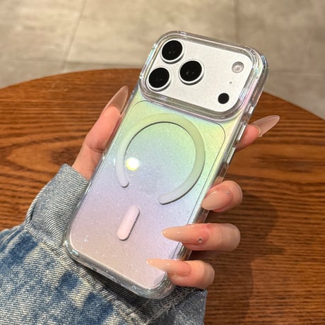オーロラキラキラグラデーション iPhone18Pro/18ProMaxケース MagSafe対応 iPhone17ProMax/16ケース ラメ入り おしゃれ 透明 耐衝撃 [M6807]