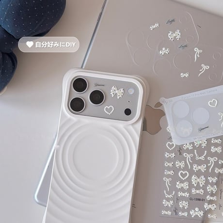 iPhone18Pro/18ProMax  ドット柄リボン／ハートデコレーションシール カメラ保護カバー iPhone17ProMax iPhone17Pro 可愛い DIY[M6891]