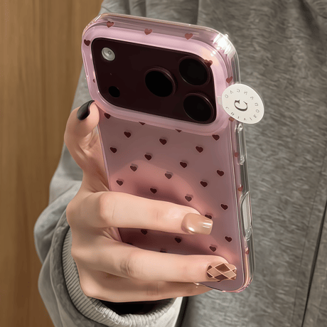 ミニハート柄 iPhone18Pro/17ケース 艶カラー iPhone16Pro/15/14カバー フチ高設計 大人可愛い レトロ[M6789]