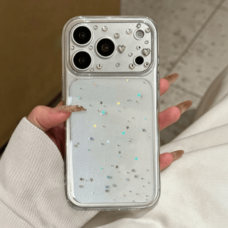 ラインストーンとハート型ビジューカメラカバー iPhone18Pro/17Proケース キラキラグリッター iPhone17/16/15ProMaxケース 透明ソフト[M6800]