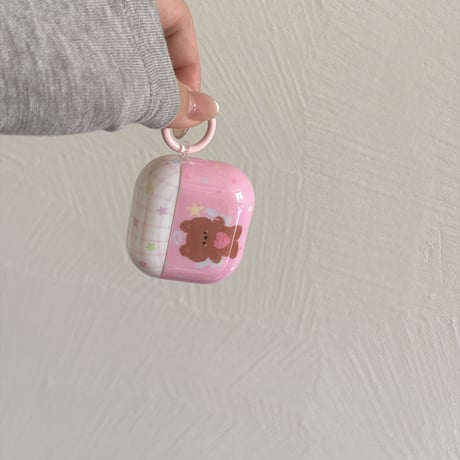 熊ちゃん Airpods Pro3ケース ピンクカラー Airpods4/3カバー pro2/pro1 リング/キーホルダー 艶感[M6669]