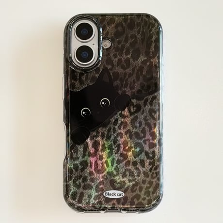オーロラ豹柄 黒猫イラスト iPhone18Pro/18ProMaxケース 個性的トレンド レオパード iPhone17/16/15カバー オーロラ光沢 大人可愛い[M6817]