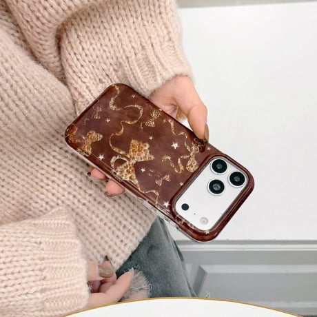 ヒョウ柄リボン iPhone18Pro/18ProMax スター ブラウン iPhone17/16/15Proカバー 大人かわいい [M6884]