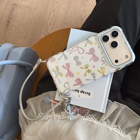多彩リボン柄 iPhone17pro/17ケース オシャレ iPhone16promax/15ケース ストラップ付 可愛い [M6628]
