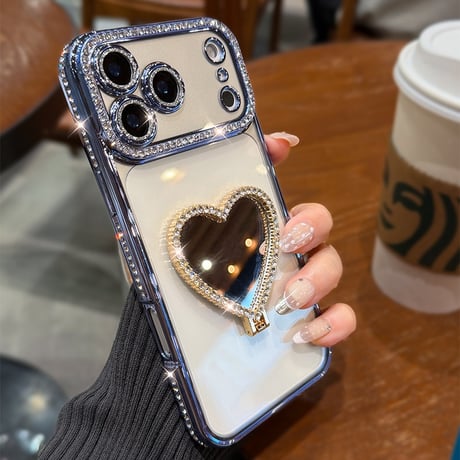 ハートミラースタンド付 iPhone17/17Proケース ジュエリーライン iPhone16/15Proケース 綺麗 オシャレ 人気品[M6593]