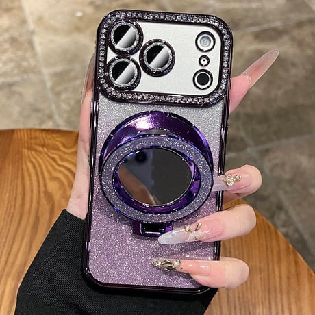 iPhone18Pro/17ケース 鏡付Magsafeリングスタンド iPhone16/15Proケース  ストーン  綺麗 多機能 コスパ最強[M3769]
