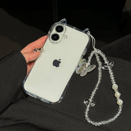 耳付き iPhone18Pro/17ケース 蝶ストラップ付 iPhone17Pro/16/15ProMaxカバー かわいい[M6676]