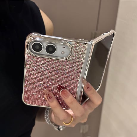 iPhone Duoケース ラグジュアリー ピンクラインストーン  輝くキラキラデザイン メタリックフレーム おしゃれ[M6820]