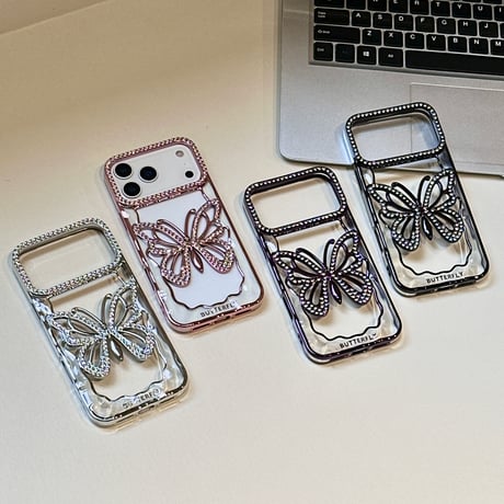 ダイヤ蝶 iPhone18Pro/17ケース メッキ iPhone16Pro/15ProMaxケース かわいい おしゃれ[M6662]