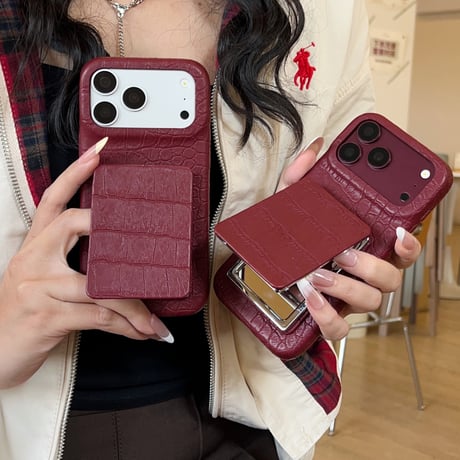 ミラースタンド付 iPhone18Pro/18ProMax クロコ型押し iPhone17/16/15カバー レザー調 高級感高品質 便利グッズ[M6856]