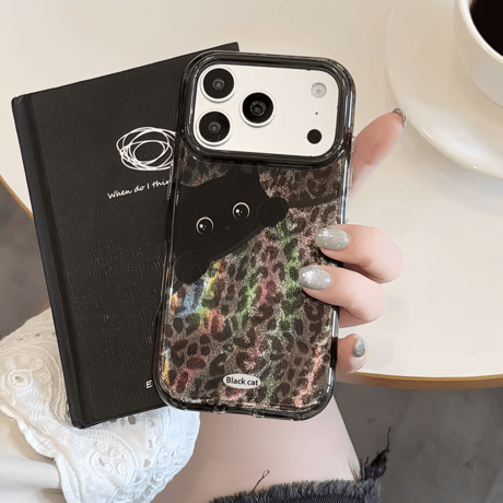 オーロラ豹柄 黒猫イラスト iPhone18Pro/18ProMaxケース 個性的トレンド レオパード iPhone17/16/15カバー オーロラ光沢 大人可愛い[M6817]