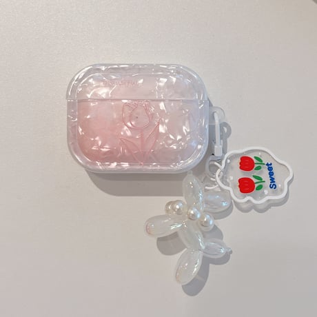 シェル風チューリップ柄 Airpods Pro3ケース ピンク Airpods4/3カバー pro2/pro1 真珠デコ犬ちゃん ギフトにおすすめ[M6596]