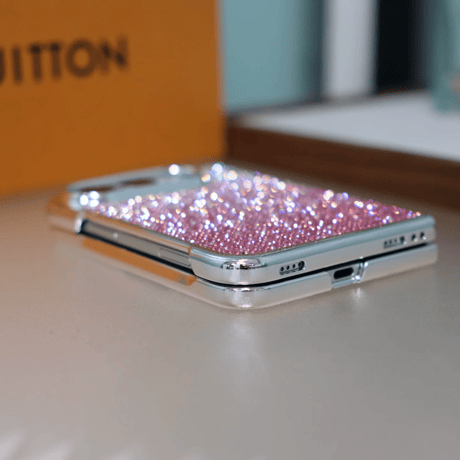 iPhone Duoケース ラグジュアリー ピンクラインストーン  輝くキラキラデザイン メタリックフレーム おしゃれ[M6820]