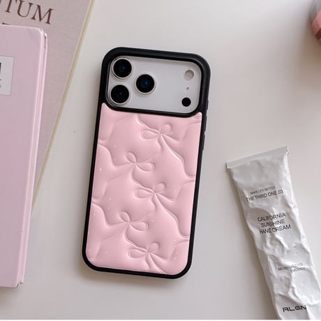 リボン レザーiPhone18Pro/17Proケース ピンク/ブラック iPhone17/16Pro/15/14ケース 光沢感 可愛い 美しい[M6646]