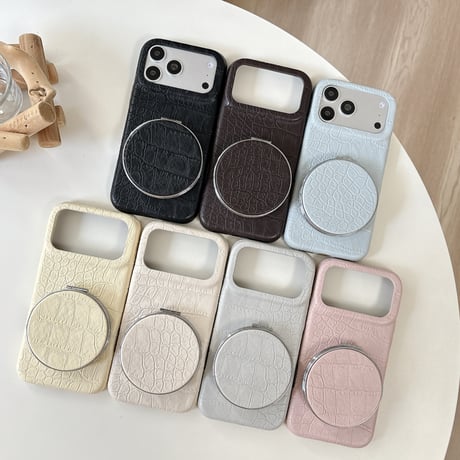ミラー＆スタンド付き iPhone18Pro/17Proケース クロコ柄レザー iPhone16Pro/15ケース くすみカラー 高級感たっぷり 1台2役 [M6867]