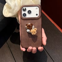 熊ちゃんパールリング付き iPhone18Pro/18ProMaxケース レザー調 iPhone17Pro/16/15カバー ヴィンテージライク 大人可愛い[M6837]