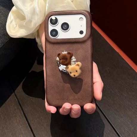 熊ちゃんパールリング付き iPhone18Pro/18ProMaxケース レザー調 iPhone17Pro/16/15カバー ヴィンテージライク 大人可愛い[M6837]