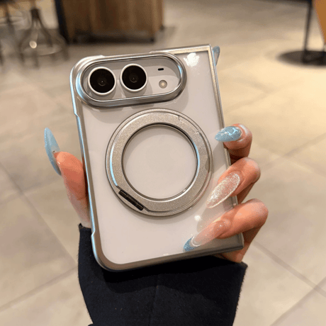 iPhone Duo専用ケース 360°回転リングスタンド付き 強化ガラスフィルム一体型 MagSafe対応 メッキ 高透明 耐衝撃 黄ばみにくい [M6815]