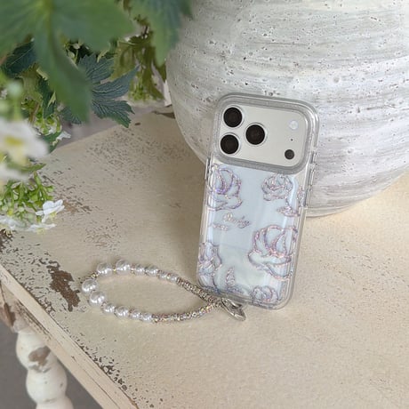 薔薇柄 iPhone18Pro/17ケース キラキララメ入り クリア iPhone16Pro/15/14ケース 真珠ストラップ 美しい[M6635]