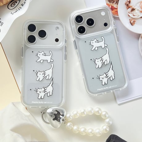 ネコちゃん iPhone17pro/17ケース ビーズストラップ iPhone16promax/15ケース マット素材 可愛い [M6658]