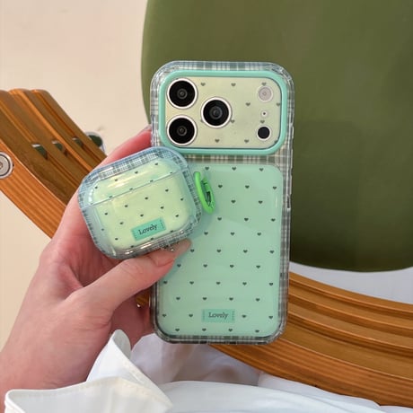 ミントグリーン AirPodsPro3/Pro2ケース チェック×ミニハート柄  AirPods4/3ケース カラビナ付き ギフトにおすすめ [M6738]