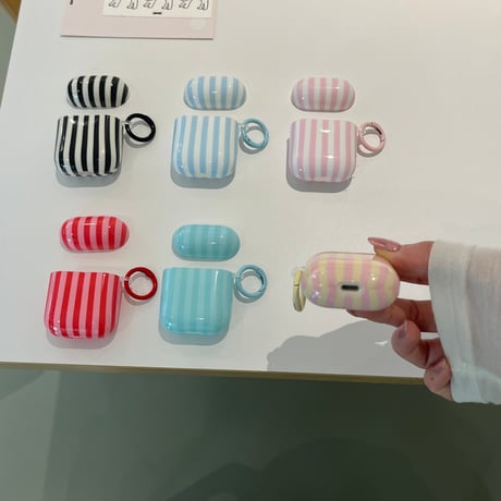 ストライプ柄 AirpodsPro3ケース シンプル風 Airpods4カバー  AirpodsPro2/Pro1カバー リング付き お揃い[M6664]