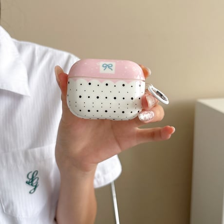 リボン柄 Airpods Pro3ケース 甘め Airpods 4/3カバー  AirpodsPro2/1  リング付 淡色系 [M6632]